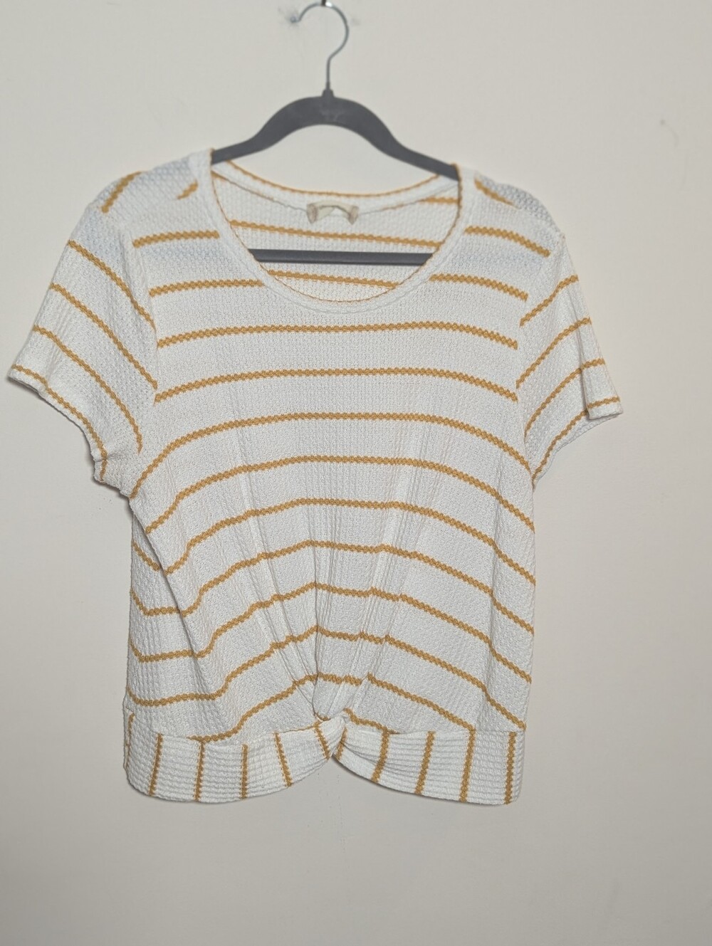 Altar’d State Mustard Stripe Twist-Front Waffle-Knit Top — Size Large